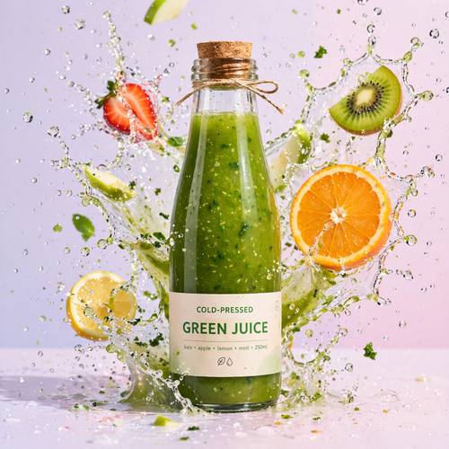 Glass bottle of cold-pressed juice on a bright pastel background with fresh fruit slices mid-splash, vibrant product shot
