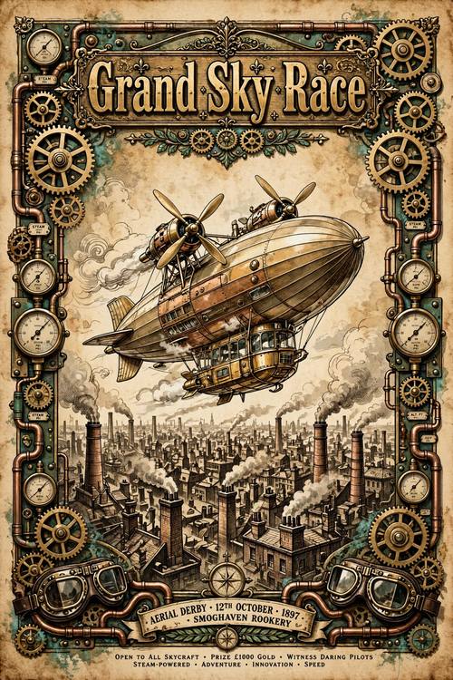 A poster for an airship race: a brass airship with propellers above a city of chimneys, gauges and gears framing the edges, the Victorian words 'Grand Sky Race' at the top. Low angle. Brass, sepia and verdigris. Adventurous. Steampunk illustration: polished brass gears, pressure gauges, copper pipes, rivets, goggles and an airship silhouette, sepia parchment tones with verdigris green, a Victorian display serif with small ornaments for any words, detailed engraved line work with soft painted shading. Inventive, adventurous and Victorian.