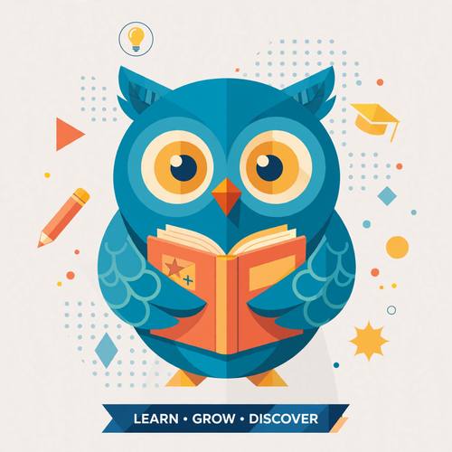 Playful owl mascot holding a book, modern flat illustration, education brand, clean geometric shapes