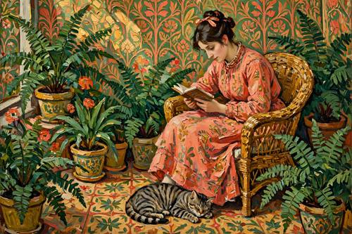 A woman reading in a wicker chair on a sunlit porch, surrounded by potted ferns and patterned wallpaper, a striped cat at her feet. Close, snug framing. Coral, bottle green and ochre. Oil painting: thick, visible brushwork and canvas texture, flattened decorative space full of patterned surfaces and foliage, a bold complementary color clash, soft natural daylight, the feel of early-1900s decorative painting, intimate and warm. The painting fills the whole image edge to edge: no frame, no canvas edge, no wall.