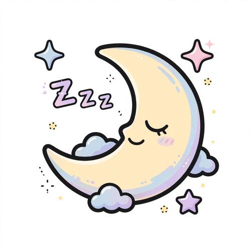 Cute sticker of a sleepy crescent moon with stars, pastel colors, bold outline, dreamy kawaii, white background