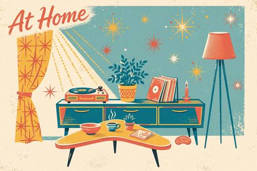 A sunny living room: a boomerang coffee table, a tall tripod lamp, a long low sideboard with a record player and a potted plant, starbursts floating on the wall, the script 'At Home' in the top left. Straight-on view like a stage set. Teal, mustard and coral on cream. Cheerful and cozy. Mid-century modern illustration: 1950s atomic-age shapes such as starbursts, boomerangs, kidney shapes and thin-legged furniture, flat colors with a slightly dry brush texture and a soft offset-print look, teal, mustard, coral and cream, simple stylized figures and objects, a bouncy 1950s script paired with a small clean sans-serif. Retro print, no 3D, no photorealism.