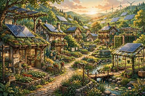 Solarpunk future village, lush greenery and solar panels, warm optimistic light, hopeful eco-future illustration