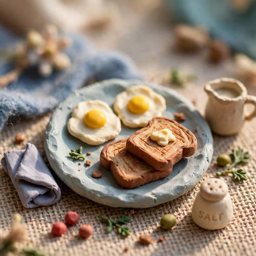 Miniature claymation breakfast, tiny clay eggs and toast on a clay plate, stop-motion look, soft shadows, whimsical