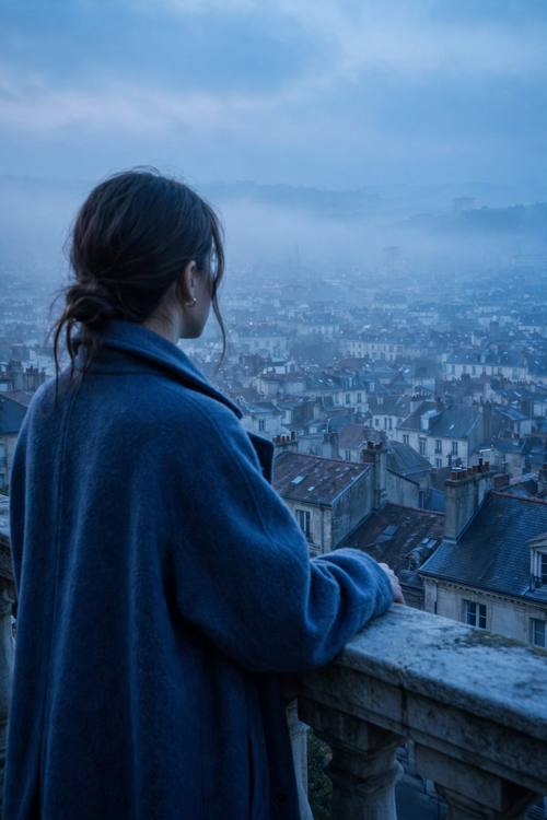 A woman in a long coat on a balcony looking over a city of rooftops, mist in the distance, no text. Vertical, from behind her shoulder. Pale blue to deep cobalt. Wistful. Blue-hour image: monochrome blue from powder blue to deep cobalt, the soft light just after sunset, low contrast and hazy, gentle gradients, any text small and thin in white serif or sans-serif. Calm, still and dreamy, a real photograph.