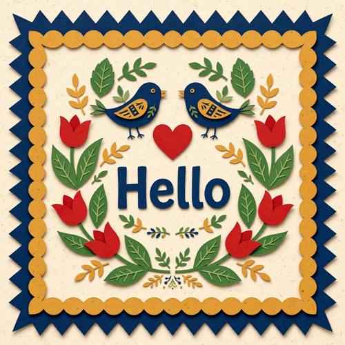 A symmetrical wreath of tulips and leaves with two birds facing each other above a heart, the word 'Hello' in the center. Flat, straight on. Poppy red, leaf green, ochre and navy on cream. Cheerful. Folk-art cut-paper florals: symmetrical hand-cut folk flowers, tulips, leaves, little birds and hearts, flat solid poppy red, leaf green, ochre and navy on cream, scalloped and zigzag frames, cut-paper edges casting tiny shadows, a mirrored composition. Flat, cheerful and handmade; no people, no religious symbols.