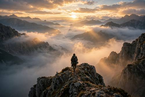 Lone traveler on a misty mountain ridge at sunrise, cinematic wide shot, golden light, epic atmospheric mood