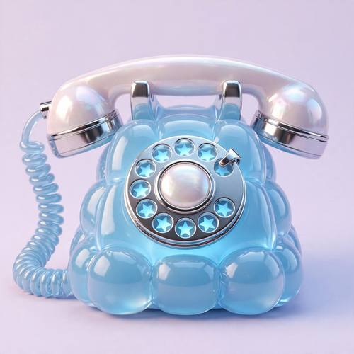 A vintage rotary telephone with a coiled cord and star-shaped dial holes. Baby-blue jelly body, pearlescent handset, pale lilac backdrop. Y2K kitsch 3D render: translucent jelly-like pastel resin with a soft inner glow, polished chrome and pearlescent accents, puffy inflated details, crisp specular highlights under soft top light, one soft tinted contact shadow, flat seamless backdrop, centered near-frontal view.