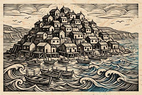 A fishing village of stacked houses, moored boats and curling waves, wide panoramic view. Black only, with wood grain showing through the ink like a woodcut. Hand-carved linocut block print: bold simplified shapes, visible gouge marks and parallel carving lines, black ink on warm cream paper, slightly uneven ink with tiny speckles, any accent color printed a hair off-register.