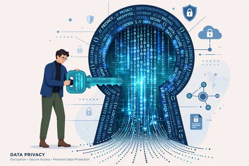 Conceptual illustration of data privacy, a person locking a giant keyhole made of glowing code, flat vector, editorial