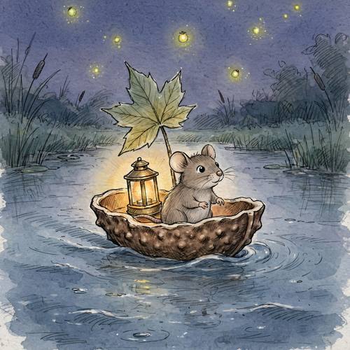 A tiny mouse sailing a walnut-shell boat across a pond at dusk, a leaf for a sail and fireflies overhead. Low angle at water level. Slate-blue water and a warm lantern on the boat. Picture-book illustration: loose, lively pencil and ink linework with light hatching, muted color washes laid over the drawing, one warm glowing light that draws the eye, big-eyed characters with simple rounded proportions, soft paper grain.