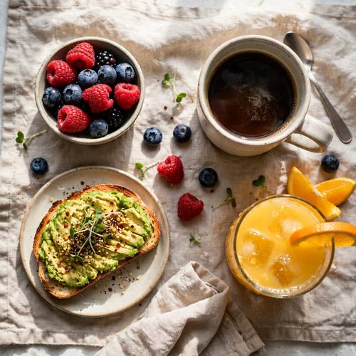 Top-down flat lay of a healthy breakfast, avocado toast, berries, coffee and orange juice on a linen cloth, fresh morning light