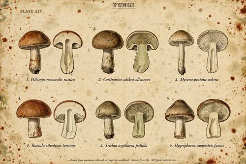 A plate of woodland mushrooms, whole and cut in half, arranged in a loose grid with numbers and labels, the heading 'FUNGI' at the top. Straight on. Rust, khaki, olive and cream. Calm and earthy. Vintage naturalist field guide plate: finely engraved, hand-tinted illustrations of specimens arranged neatly on one page, small numbers beside each, tiny serif labels with made-up Latin names, a plate number at the top, khaki, olive, cream and rust, aged paper with light foxing spots. Scientific, calm and orderly.