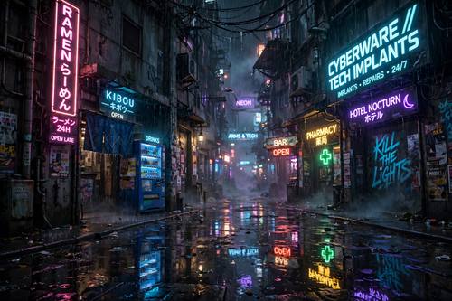 Cyberpunk rain-soaked alley at night, glowing neon signs, reflections on wet pavement, cinematic sci-fi mood