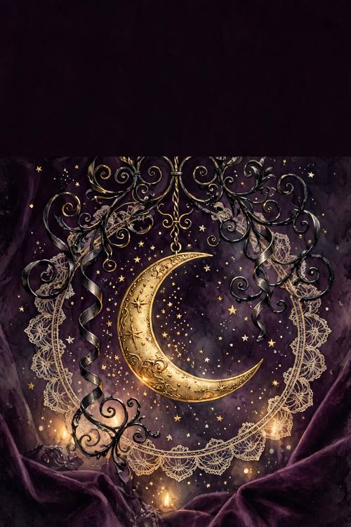 A phone wallpaper of a gold crescent moon hanging from wrought-iron curls, tiny stars and lace edging around it, the top third kept simple for the clock, no text. Vertical. Plum velvet and gold. Dreamy. Celestial whimsigoth art: early-1990s witchy romance, deep plum and black velvet, gold crescent moons and tiny stars, wrought-iron curlicues, lace edging, warm candle glow, a Victorian display serif with a thin script for any words, soft painterly finish with a light grain. Dreamy, moody and a little magical; no religious symbols, no pentagrams.