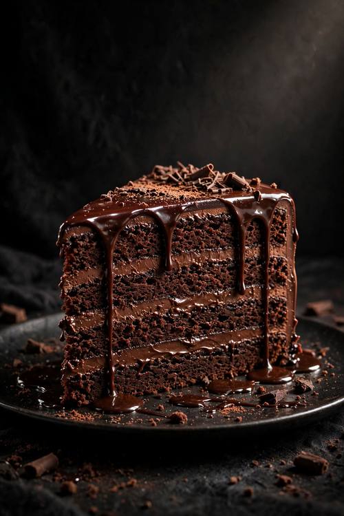Slice of layered chocolate cake with a glossy ganache drip on a plate, dramatic dark background, rich and decadent, spotlight