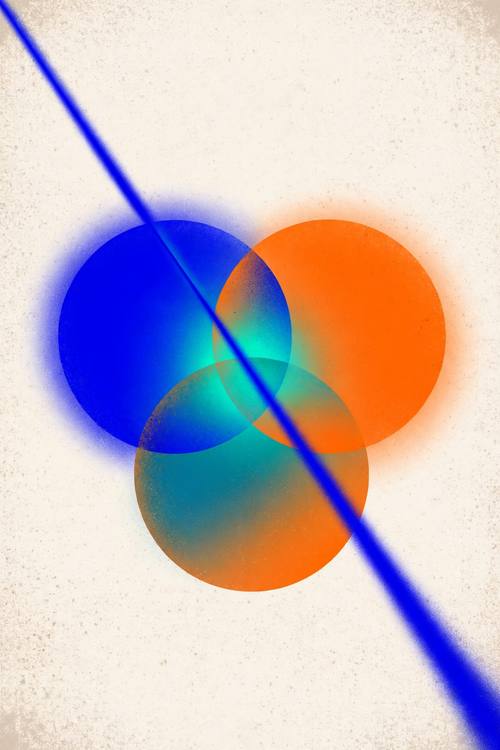 Overlapping circles and one sweeping diagonal line in a precise Swiss-style balance, no visible grid lines. Glowing orange and cobalt on warm off-white. Contemporary graphic poster: bold flat shapes with soft, blurred, glowing edges, heavy grain over everything, generous negative space, centered composition, no text or letters.