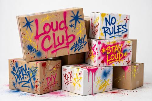 A pile of white and kraft shipping boxes for a streetwear brand called 'Loud Club', the name scrawled across them in spray paint with drips and stars. Three-quarter view at eye level on a white floor. Hot pink, cobalt and yellow scrawls. Loud and rebellious. Spray-painted packaging photo: clean white and kraft paper packaging covered in loose spray-paint scrawls, drips, overspray mist and soft airbrush blurs in hot pink, cobalt blue, yellow and red, a few hand-scribbled words, raw and a little rebellious on otherwise neat packaging; bright, even studio light.