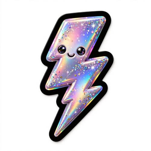 Glossy holographic sticker of a lightning bolt, bold outline, iridescent shine, playful, isolated on white