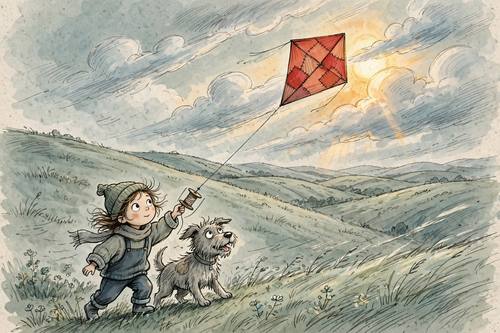 A girl and her scruffy dog flying a patched kite over windy hills, clouds racing past. Wide shot from low on the hillside. Soft sage and sky gray, with the kite a warm red. Picture-book illustration: loose, lively pencil and ink linework with light hatching, muted color washes laid over the drawing, one warm glowing light that draws the eye, big-eyed characters with simple rounded proportions, soft paper grain.