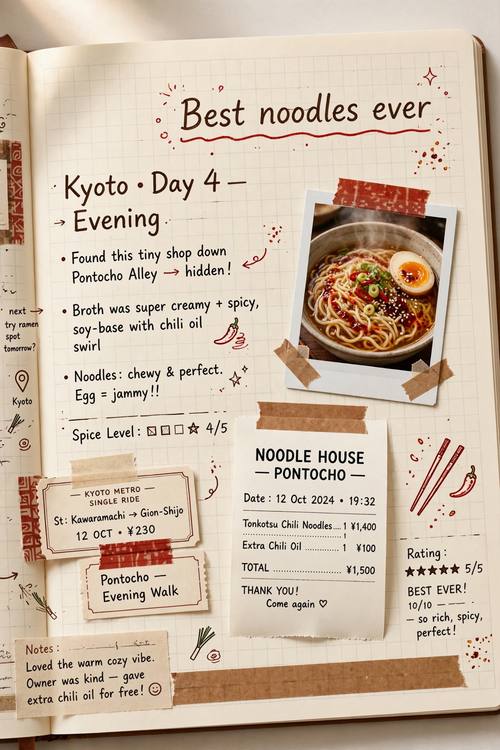 A food diary page titled 'Best noodles ever' in handwriting: a taped photo of a noodle bowl, a receipt, chopstick doodles and a star rating. Overhead. Cream, soy brown and chili red. Warm and fun. Travel journal page: an open notebook with ruled or grid paper, neat handwritten notes in pen, ticket stubs, receipts and taped instant photos, small ink doodles and arrows, washi tape strips, photographed flat from above in soft daylight. Tidy and personal, a neat page rather than a messy collage.
