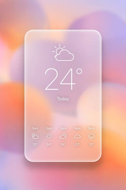 A phone weather widget: a tall frosted panel with a sun-and-cloud icon, '24°' in big thin numbers, the word 'Today' small beneath, and a row of small hourly icons. Straight on, the panel centered. Blobs of sunset orange, pink and lilac behind. Light and airy. Glassmorphism interface graphic: semi-transparent frosted-glass panels with soft background blur, thin bright white borders and a subtle inner glow, floating over large soft blurred color blobs, clean modern white sans-serif type, rounded corners, gentle drop shadows, crisp and minimal. Digital interface art, no photographs, no clutter.