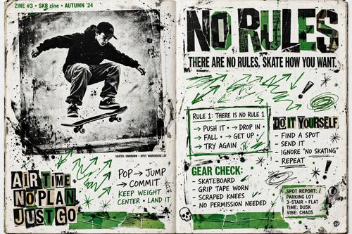 A zine spread about skateboarding: a halftone photo of a skater mid-jump, the headline 'NO RULES' in ransom-note letters, scribbled arrows and a strip of tape. Straight on, two pages side by side. Black and acid green on white. Fast and raw. Punk photocopy zine page: black xerox ink on white paper plus one spot color, heavy toner noise, streaks and speckles, high-contrast threshold halftone photos, cut-and-paste ransom-note letters and stencil type, crooked cut-off margins, scraps of tape. Raw, loud and DIY; flat paper photographed straight on.