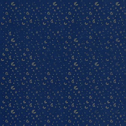 Seamless hand-drawn line pattern of tiny stars and moons, gold on navy, whimsical celestial wallpaper, evenly tiled