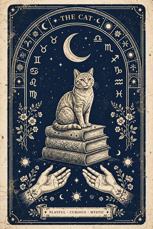 A card titled 'THE CAT': a cat sitting on a stack of books under a crescent moon, stars and zodiac glyphs around the arch. Straight on, the card filling the frame. Gold lines on navy. Mysterious and playful. Mystic tarot card illustration: one card with an arched top and a thin decorative border, fine engraved line art with hatching, suns, crescent moons, stars, zodiac glyphs, hands and flowers, a small title in elegant capitals in a banner at the bottom, aged printed card stock. Mysterious and elegant; no religious figures or religious symbols, no eyes in triangles.