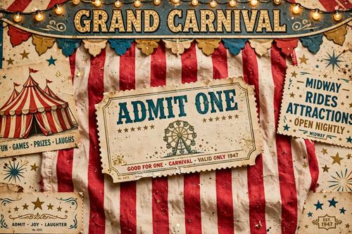 A carnival ticket reading 'ADMIT ONE' in slab letters, scalloped edges, stars and a tiny Ferris wheel, lying on a candy-striped surface. Overhead view. Red, cream, teal and gold. Fun and nostalgic. Vintage circus poster: candy-striped red and cream tents, scalloped bunting, marquee lettering lit by round bulbs, chunky slab-serif wood-type letters, ticket shapes and stars, red, cream, teal and gold, lithograph print texture on aged paper with slight wear. Festive, showy and nostalgic.