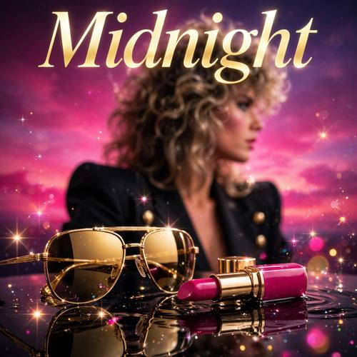 A pair of gold sunglasses and a fuchsia lipstick on glossy black, an airbrushed fuchsia sunset behind, the italic serif word 'Midnight' above, sparkle glints. Low angle, close. Black, gold and fuchsia. Glamorous. 1980s luxe glam: glossy black with gold and fuchsia, airbrushed gradient skies, big glossy italic serif type, glamorous styling with big hair and shoulder pads, sparkle glints and star flares, studio light with a soft glow. Bold, rich and glamorous.