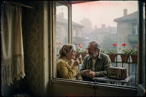 An older couple sharing coffee on a small apartment balcony in the morning, 1970s, geraniums in clay pots and a transistor radio. Medium shot from inside through the open door. Soft, cool morning light. Terracotta, mustard, olive and cream. Quiet and tender. A real snapshot scanned from 35mm color negative film: coarse grain across the whole image, faded warm colors with a slight green cast in the shadows, milky lifted blacks, a faint red glow around bright lights, soft focus, amateur framing. Not sharp, not glossy, not HDR, not a modern digital photo.