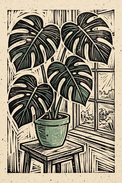 A potted monstera on a small side table by a window, big graphic leaves filling the frame. Accent color: muted jade green. Hand-carved linocut block print: bold simplified shapes, visible gouge marks and parallel carving lines, black ink on warm cream paper, slightly uneven ink with tiny speckles, any accent color printed a hair off-register.