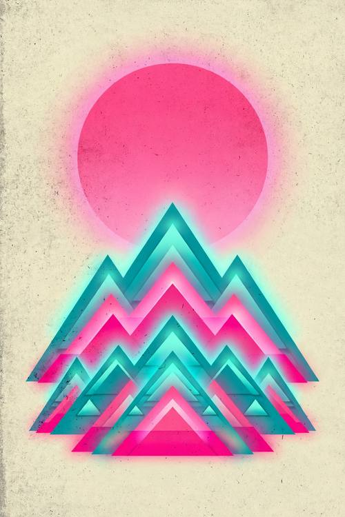 A stylized mountain range built from layered, softly glowing triangles under a huge sun. Hot pink and teal on pale sand. Contemporary graphic poster: bold flat shapes with soft, blurred, glowing edges, heavy grain over everything, generous negative space, centered composition, no text or letters.