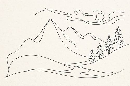 Continuous line art of a mountain landscape, single flowing black stroke on off-white, zen minimalist wall art