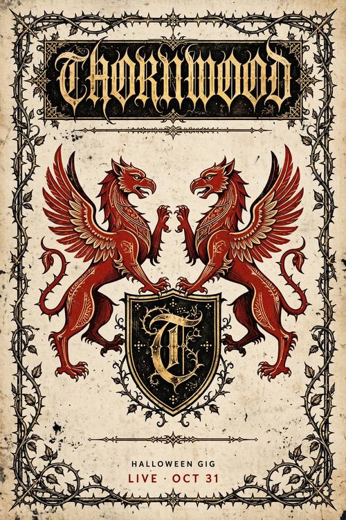 A Halloween gig poster for a band called 'Thornwood': two flat griffins facing each other over a shield, thorny vines framing the page, the blackletter name across the top and the small sans line 'LIVE · OCT 31' at the bottom. Symmetrical, straight on. Oxblood, black and gold on parchment. Dramatic. Future medieval graphic: a harsh, spiky blackletter headline paired with a small clean modern sans-serif, an illuminated drop cap, thorny vine borders, heraldic shields and flat stylized dragons or griffins, oxblood red, ink black, antique gold and parchment, flat print with a light grain. Dark, ornate and modern at once; no crosses or religious symbols.