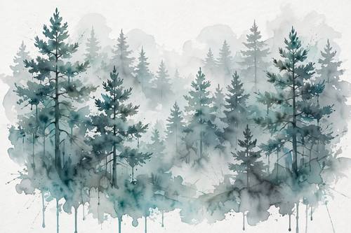 Loose watercolor painting of a foggy pine forest, soft washes of teal and grey, wet-on-wet bleeds, white paper showing through