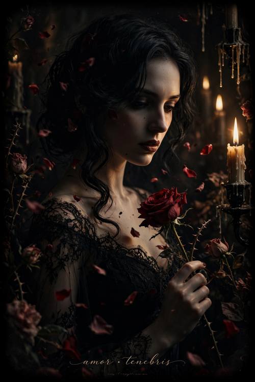 A woman in a black lace dress holding a single red rose in candlelight, her face half in shadow, petals falling. Vertical portrait, waist up. Black, blood red and warm candle gold. Mysterious. Dark romance photo: moody low-key light with deep shadows and a soft vignette, black lacquer, blood red and dusty rose, roses with falling petals, dripping candles, thorny stems and black lace, a romantic serif or delicate script for any words, rich velvety texture and fine film grain. Gothic, sensual and elegant.