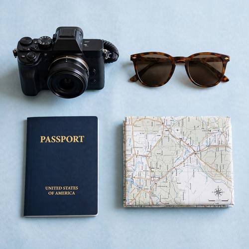 Flat lay of travel essentials on a soft blue background, camera, passport, sunglasses and map, bright even light, knolling style