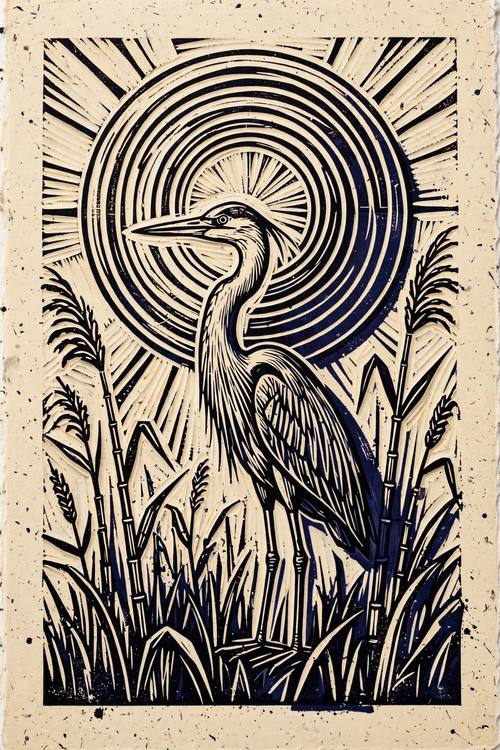 A heron standing still among reeds with a large circle of carved sun rings behind it, tall vertical composition. Accent color: deep indigo. Hand-carved linocut block print: bold simplified shapes, visible gouge marks and parallel carving lines, black ink on warm cream paper, slightly uneven ink with tiny speckles, any accent color printed a hair off-register.