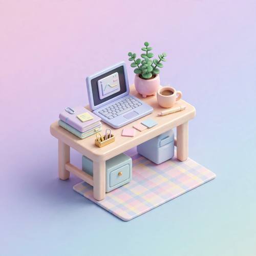 Isometric 3D miniature office workspace with a desk, laptop and plant, pastel gradient palette, soft studio lighting, glossy render