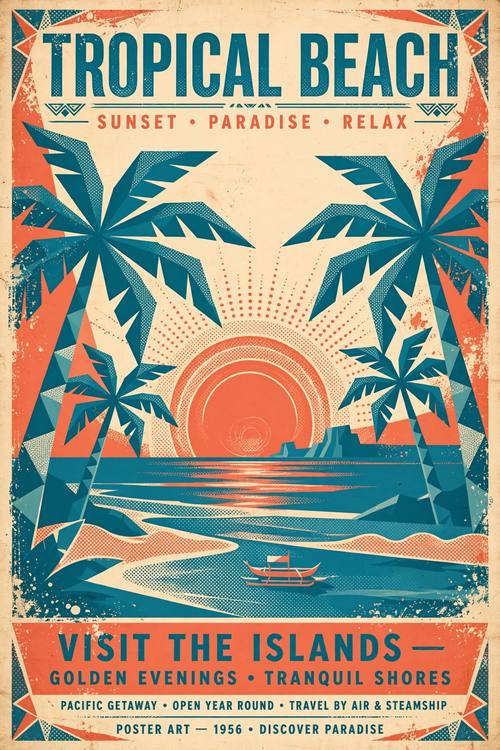 Retro travel poster of a tropical beach at sunset, 1950s screen-print style, warm coral and teal, geometric palm trees
