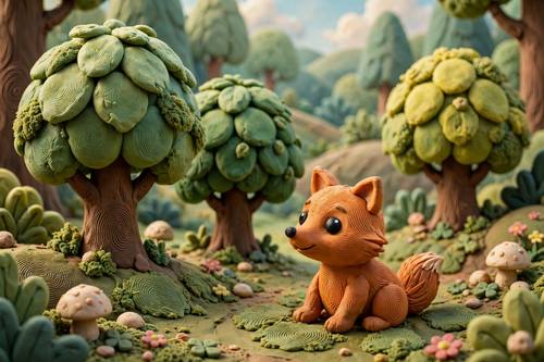 Claymation forest with rounded clay trees and a little clay fox, tactile fingerprint texture, storybook mood, soft daylight