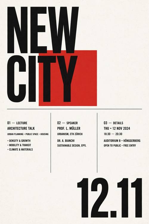 A poster for an architecture talk: the huge words 'NEW CITY' stacked in the top left, a solid red square overlapping the type, thin rules dividing small columns of details and the number '12.11' set large at the bottom right. Flat poster, straight on. Red, black and white. Precise and calm. Swiss International Style poster: a strict modular grid, huge tightly spaced black grotesk sans-serif type set flush left, an asymmetric layout with plenty of white space, thin black rules and small numbered details, only red, black and white, flat printed paper with a faint grain. Precise and rational, no illustration clutter, no gradients.