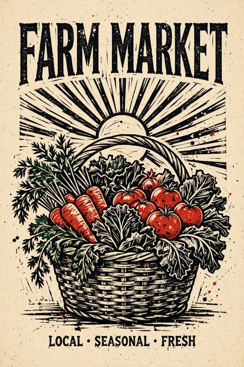 A farmers' market poster: a big basket of carrots, tomatoes and leafy greens, carved sun rays behind, the cut letters 'FARM MARKET' across the top. Straight on, the basket centered. Black and tomato red on cream. Hearty. Linocut relief print poster: bold shapes carved from a linoleum block, visible gouge marks and carving lines, chunky black ink plus one accent ink color, uneven ink coverage with speckles and gaps, warm cream paper, bold hand-cut letters with rough edges. Western printmaking, handmade and graphic.