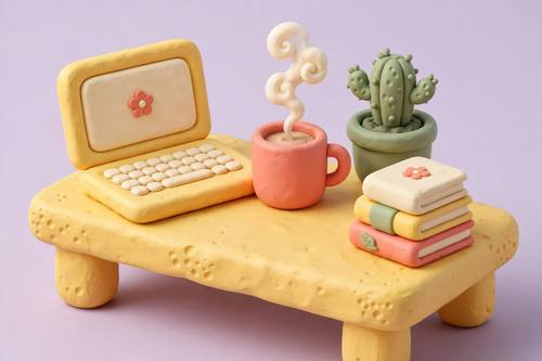 A tiny cozy desk scene: a puffy laptop, a mug with a curl of steam, a potted cactus and a stack of rounded books on a chunky desk. Three-quarter view from slightly above. Butter yellow, coral, sage and cream on a soft lavender backdrop. Warm and toy-like. Claymorphism 3D render: soft, puffy, rounded shapes that look molded from matte modeling clay, chunky proportions with no sharp edges, a faint hand-pressed surface texture, playful saturated candy colors, soft diffused studio light, one soft contact shadow, plain pastel backdrop. Matte, not glossy, no chrome.