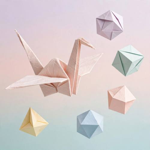 Origami crane and geometric paper shapes floating, folded paper texture, pastel gradient background, clean and minimal