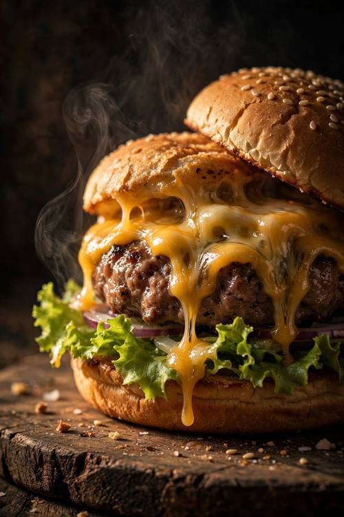 Gourmet burger with melting cheese and crisp lettuce on a wooden board, moody side light, steam, mouth-watering close-up