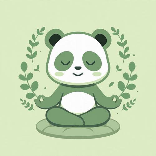 Calm panda mascot meditating, minimal flat design, soft green palette, wellness brand character