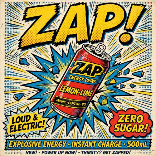 An ad for an energy drink called 'ZAP': a can bursting through a jagged starburst, the word 'ZAP!' in huge comic lettering, speed lines and dots behind it. Straight on, the can tilted. Red, yellow, blue and black. Loud and electric. 1960s pop-art comic print: bold flat primary red, yellow and blue with thick black ink outlines, Ben-Day halftone dot shading, comic speech bubbles and jagged starburst shapes, punchy hand-drawn comic lettering, slightly off-register printing on comic-book paper. Flat print, no 3D, no photorealism.